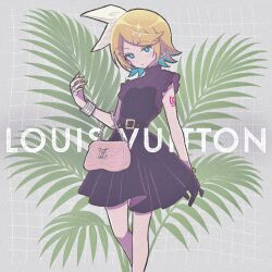 Rule 34 | 1girl, :/, aqua eyes, bag, belt, belt around waist, belt buckle, black belt, black dress, black gloves, blonde hair, bow, bracelet, bright pupils, buckle, dress, earrings, fashion, fingernails, gloves, hair bow, hair ornament, hairclip, handbag, highres, jewelry, kagamine rin, logo, long fingernails, louis vuitton (brand), manmes 214, multiple rings, number tattoo, pink bag, ring, see-through clothes, see-through dress, shoulder tattoo, single glove, sleeveless, sleeveless dress, solo, swept bangs, tattoo, vocaloid, white bow, white pupils, yellow nails