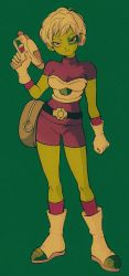 1girl arm_at_side armor bad_id bad_twitter_id belt bike_shorts boots breasts cheelai cleavage closed_mouth colored_skin curvy dragon_ball dragon_ball_super dragon_ball_super_broly eyelashes fanny_pack film_grain full_body gloves green-tinted_eyewear green_background green_skin gun half-closed_eyes hand_up handgun highres holding holding_gun holding_weapon knee_boots light_smile looking_at_viewer medium_breasts pikurusu pistol purple_eyes purple_socks scouter short_hair simple_background socks solo standing tinted_eyewear very_short_hair weapon white_boots white_gloves white_hair