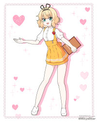 1girl :d bare_legs blonde_hair blue_eyes breasts commentary_request full_body gochuumon_wa_usagi_desu_ka? heart heart_background highres holding holding_menu kirima_syaro looking_at_viewer menu miniskirt mitya open_mouth orange_skirt puffy_short_sleeves puffy_sleeves shirt shoes short_hair short_sleeves skirt small_breasts smile solo standing waitress white_shirt white_shoes