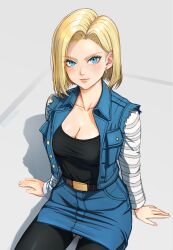 Rule 34 | 1girl, android 18, black pantyhose, black shirt, blonde hair, blue eyes, blue jacket, blue skirt, breasts, bs9999s, cleavage, dragon ball, dragonball z, highres, jacket, looking at viewer, medium breasts, pantyhose, parted hair, pencil skirt, shirt, short hair, sitting, skirt, solo