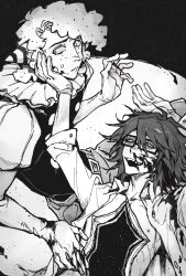 2boys arm_up blood blood_on_face blood_on_hands chinese_commentary clown commentary_request fang freckles glasses gloves heizuo955 highres holding holding_nail juliet_sleeves long_sleeves male_focus multiple_boys nail nail_(hardware) puffy_sleeves randal&#039;s_friends randal_ivory sebastian_de_tomato_smith_chicken_legs shirt short_hair spot_color tearing_up vivisection