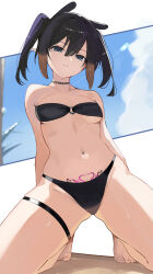 Rule 34 | 1girl, absurdres, alternate costume, alternate hair length, alternate hairstyle, barefoot, bikini, black bikini, black hair, breasts, closed mouth, commentary, english commentary, feet, from below, hair between eyes, highres, hololive, hololive english, kneeling, ku roiko, looking at viewer, mole, mole under eye, navel, navel piercing, ninomae ina&#039;nis, o-ring, o-ring bikini, o-ring top, orange hair, piercing, pointy ears, pubic tattoo, pubic tattoo through clothing, skindentation, small breasts, solo, stomach, swimsuit, tattoo, tentacle hair, textless version, thigh strap, thighs, toes, twintails, underboob, virtual youtuber