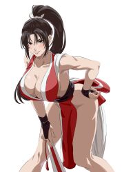 1girl absurdres bad_tag bare_legs bent_over breasts brown_eyes brown_hair cleavage fatal_fury folding_fan hand_fan hand_on_own_hip high_ponytail highres holding holding_fan japanese_clothes large_breasts leaning_forward light_blush light_smile long_hair looking_at_viewer ninja no_bra parted_lips ponytail revealing_clothes sexually_suggestive shiranui_mai simple_background solo street_fighter street_fighter_6 tamaata thighs white_background