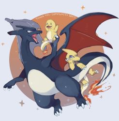 :d ^_^ alternate_color charizard charmander charmeleon closed_eyes commentary creature creatures_(company) dragon english_commentary english_text evolutionary_line fiery_tail fire fire flame-tipped_tail flying game_freak gen_1_pokemon highres hoko_(coornxx) holding holding_pokemon horns nintendo no_humans open_mouth pokemon pokemon_(creature) shiny_pokemon signature single_horn smile sparkle tail thank_you