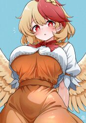 1girl animal animal_on_head bird bird_on_head blonde_hair breasts commentary_request dress feathered_wings highres large_breasts looking_at_viewer medium_hair multicolored_hair neckerchief niwatari_kutaka on_head orange_dress paid_reward_available red_hair red_neckerchief scavia10 shirt simple_background touhou two-tone_hair white_shirt wings yellow_wings