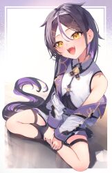 1girl absurdres ahoge black_hair blush breasts character_request copyright_request fang full_body hair_between_eyes hair_flaps hair_ornament hairband hairclip highres indian_style jacket long_hair mizuiro_raika mole mole_under_eye multicolored_hair off_shoulder open_mouth purple_hair shirt sitting sleeveless sleeveless_shirt small_breasts solo teeth two-tone_hair upper_teeth_only yellow_eyes