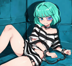 1girl absurdres aqua_hair black_collar blue_eyes bound bound_wrists chain clenched_teeth collar commentary_request commission glasses highres impel_down indoors kasumi_6 looking_at_viewer medium_hair one_piece pink-framed_eyewear pixiv_commission prison_clothes solo sugar_(one_piece) teeth torn_clothes