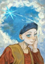 Rule 34 | 1girl, afro, blue eyes, blue hair, bulma, closed mouth, cloud, dragon ball, hairband, hand on own cheek, hand on own face, hat, headband, highres, long sleeves, looking at viewer, male focus, multicolored hair, red shirt, shirt, short hair, sky, smile, solo, upper body, vest, youyudachu