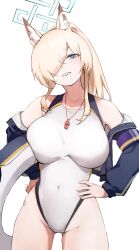 Rule 34 | 1girl, absurdres, animal ear fluff, animal ears, bare shoulders, blonde hair, blue archive, blue eyes, blue jacket, blush, cropped jacket, dog ears, dog girl, ginggi, hair over one eye, hands on own hips, highres, holding, holding swim ring, innertube, jacket, kanna (blue archive), kanna (swimsuit) (blue archive), long hair, looking at viewer, navel, official alternate costume, official alternate hairstyle, one-piece swimsuit, ponytail, sharp teeth, solo, swim ring, swimsuit, teeth, whistle, whistle around neck, white one-piece swimsuit