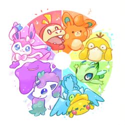._. 1other :&lt; :3 annoyed antennae aqua_hair bird black_eyes blue_eyes blue_sclera blush_stickers bow bowtie bright_pupils brown_eyes celebi chibi closed_mouth color_wheel_challenge colored_sclera colored_skin cramorant ditto duck eating fairy fairy_wings fangs flying fuecoco full_body galarian_form galarian_ponyta gen_1_pokemon gen_2_pokemon gen_6_pokemon gen_8_pokemon green_eyes green_skin hair_bow half-closed_eyes hands_on_own_cheeks hands_on_own_face happy heart jitome kinakomochi_(monsteromochi) legendary_pokemon long_hair multicolored_hair multiple_drawing_challenge musical_note mythical_pokemon nintendo notice_lines open_mouth pawmi pikachu pink_bow pink_bowtie pokemon pokemon_(creature) psyduck purple_eyes purple_hair rainbow_gradient red_eyes ribbon round_image slime_(creature) smile sparkle sylveon two-tone_hair unicorn upper_body white_pupils white_ribbon wings