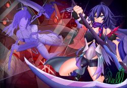 Rule 34 | 1girl, ahoge, asymmetrical clothes, fighting, giant insect, holding, holding weapon, honkai: star rail, honkai (series), long hair, parted bangs, purple eyes, purple hair, scarf, scythe, seele (honkai: star rail), short shorts, shorts, weapon
