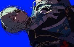 1boy anaxa_(honkai:_star_rail) aqua_hair ascot black_jacket blue_background blue_eyes closed_mouth eyepatch hair_between_eyes honkai:_star_rail honkai_(series) jacket lapels looking_at_viewer male_focus mandarin_collar medium_hair multicolored_eyes notched_lapels one_eye_covered oull pink_eyes pink_pupils side_ponytail sideways simple_background solo two-tone_eyes upper_body white_ascot