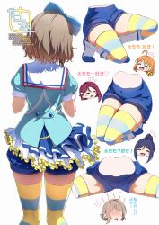 1girl ahoge amagi_(volfuji) aozora_jumping_heart blue_hair blush boots bow brown_hair chibi close-up closed_eyes frilled_skirt frills from_behind grey_hair hair_bow hair_ornament heart high_heels highres love_live! love_live!_sunshine!! matsuura_kanan multiple_views no_eyes on_one_knee open_mouth orange_hair ponytail puffy_shorts red_hair sailor_collar sakurauchi_riko shoes short_hair short_sleeves shorts simple_background skirt solo split spread_legs steam striped_clothes striped_thighhighs takami_chika thigh_focus thigh_gap thighhighs thighs watanabe_you wavy_hair white_background