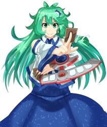 Rule 34 | 1girl, :&gt;, antenna hair, bare shoulders, between fingers, blue skirt, card, card between fingers, collared shirt, detached sleeves, dot nose, double-parted bangs, duel disk, facing viewer, frog hair ornament, green eyes, green hair, hair ornament, holding, holding card, kochiya sanae, light blush, long hair, long sleeves, looking at viewer, patterned clothing, print skirt, shirt, simple background, single sidelock, skirt, skirt set, sleeveless, sleeveless shirt, smile, snake hair ornament, solo, straight-on, touhou, upper body, v-shaped eyebrows, white background, wide sleeves, wing collar, yet you, yu-gi-oh!