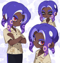 1boy absurdres breast_pocket brown_shirt closed_eyes closed_mouth collared_shirt colored_tongue crossed_arms dark-skinned_male dark_skin dress_shirt fingernails highres looking_at_viewer male_focus medium_hair multicolored_eyes multiple_views nintendo octoling octoling_boy octoling_player_character open_mouth parted_bangs pocket purple_eyes purple_hair purple_pupils purple_tongue red_eyes sharp_fingernails shirt short_sleeves smile splatoon_(series) splatoon_3 surume01417 tentacle_hair thick_eyebrows two-tone_eyes