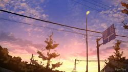 blue_sky cable cloud cloudy_sky highres lamppost landscape no_humans orange_sky original outdoors power_lines scenery signature sky takano_higashi tree