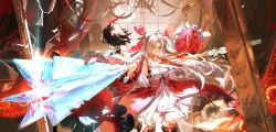 2girls absurdres black_gloves black_hair bow breasts broken_glass carlotta_(wuthering_waves) closed_mouth commentary dress dual_wielding female_rover_(wuthering_waves) floating_hair foreshortening glass gloves gun hair_bow hair_spread_out highres holding holding_gun holding_weapon jacket lewdlily66 looking_at_viewer low_ponytail medium_breasts multiple_girls picture_frame pink_bow pink_jacket ponytail rifle rover_(wuthering_waves) single_glove smile solo_focus striped_bow weapon white_dress white_hair wuthering_waves