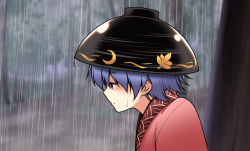 1girl bowl bowl_hat female_focus hat japanese_clothes kimono mini_person minigirl purple_hair rain red_eyes satou_yuuki short_hair solo sukuna_shinmyoumaru touhou tree