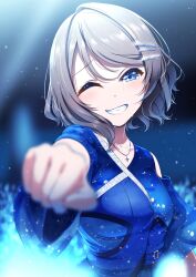 Rule 34 | 1girl, amagi (volfuji), aqours finale lovelive! ~eikyuu stage~, belt buckle, blue background, blue eyes, blush, breasts, brown hair, buckle, clenched hand, dark background, dot nose, dress, earrings, gem, glitter, grey hair, hair ornament, hairclip, hand up, head tilt, highres, idol, idol clothes, jewelry, light particles, looking at viewer, loose clothes, loose dress, love live!, love live! sunshine!!, necklace, one eye closed, pointing, raised fist, short hair, silver necklace, silver trim, simple background, single bare shoulder, single earring, skirt, smile, solo, star (symbol), teeth, upper body, watanabe you, wavy hair