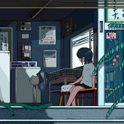 1girl animated animated_gif black_hair bottle day dog electric_fan highres indoors looking_away mae_1031 original pixel_art shirt short_hair short_sleeves sitting slice_of_life solo top-load_washing_machine translation_request washing_machine water_bottle white_shirt window