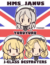 3girls :&gt; :q akikaze_tsumuji blonde_hair blush character_name chibi commentary_request flag_background grey_hair hat head_only janus_(kancolle) javelin_(kancolle) jervis_(kancolle) kantai_collection long_hair multiple_girls open_mouth sailor_collar sailor_hat smile tongue tongue_out twitter_username union_jack