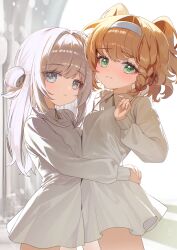 2girls absurdres aged_down arms_around_waist blush braided_sidelock child closed_mouth collared_dress dress embarrassed furrowed_brow green_eyes grey_eyes grey_hair hair_bun hairband hand_up highres hug long_hair long_sleeves medium_hair multiple_girls nilma orange_hair reverse:1999 short_dress sidelighting single_side_bun sonetto_(reverse:1999) two_side_up vertin_(reverse:1999) white_background white_dress white_hairband yuri