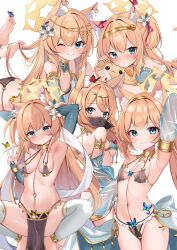 1girl :t ;) absurdres alternate_costume alternate_hairstyle animal animal_ear_fluff animal_ears arm_behind_head arm_support armpits ass bad_id bad_twitter_id bare_shoulders barefoot black_panties black_veil blonde_hair blue_archive blue_eyes blue_sleeves blush breasts bridal_gauntlets bug butterfly butterfly_on_ear butterfly_on_hand chain closed_mouth collarbone commentary_request dancer detached_sleeves elbow_gloves embarrassed feet flower fox_ears fox_girl full_body gloves gold_chain gold_collar green_gloves hair_between_eyes hair_flower hair_ornament halo highres insect legs_up loli long_hair long_sleeves looking_at_viewer lying mari_(blue_archive) mouth_veil multiple_views narrowed_eyes navel no_panties o-ring on_stomach one_eye_closed orange_hair panties pelvic_curtain puffy_long_sleeves puffy_sleeves rinringyo see-through_clothes see-through_sleeves simple_background small_breasts smile soles solo squatting stomach the_pose tiptoes toes two_side_up underwear veil very_long_hair white_background white_flower