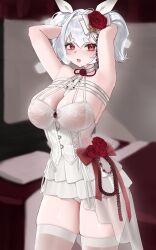 1girl absurdres armpits arms_behind_head arms_up bare_shoulders bed blurry blurry_background bow breasts chest_harness choker cleavage commentary_request commission cowboy_shot dress flower hair_ribbon halterneck harness highres korean_commentary large_breasts long_hair looking_at_viewer naga_(arca_live) open_mouth original panties pantyshot red_bow red_eyes red_flower ribbon rose short_dress skindentation sleeveless sleeveless_dress solo standing thighhighs thighs twintails underbust underwear white_choker white_dress white_hair white_panties white_thighhighs