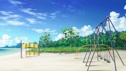 Rule 34 | beach, blue sky, cloud, cloudy sky, day, forest, grass, highres, monkey bars, nature, no humans, non-web source, official art, our life: beginnings and always, outdoors, park, playground, scenery, shore, sky, swing, tree, variant set, water