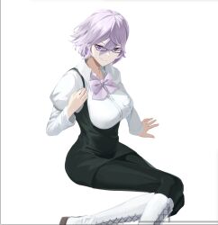 Rule 34 | 1girl, bakeneko38, black overalls, black pantyhose, black skirt, boots, breasts, digimon, digimon story: cyber sleuth, glasses, highres, lace-up boots, large breasts, looking at viewer, mikagura mirei, overall skirt, overalls, pantyhose, purple eyes, purple hair, shirt, short hair, simple background, skirt, solo, white background, white boots, white shirt