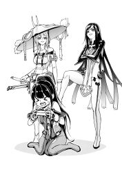 Rule 34 | absurdres, ass, bare shoulders, black hair, blunt bangs, bodysuit, breasts, closed mouth, curo zumi, eve (stellar blade), game console, gloves, goddess of victory: nikke, grey hair, greyscale, hair between eyes, hat, highres, holding, holding weapon, impossible clothes, large breasts, long hair, medium breasts, monochrome, multiple girls, open mouth, planet diving suit (7th) (stellar blade), playstation 5, ponytail, raven (stellar blade), raven suit (stellar blade), scarlet (nikke), simple background, skin tight, stellar blade, sword, thighs, two-tone bodysuit, very long hair, weapon