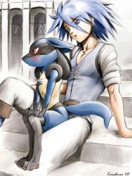2005 2boys blue_hair blush furry furry_male furry_with_non-furry gen_4_pokemon highres interspecies karabiner looking_at_another lucario male_focus multiple_boys nintendo pokemon pokemon:_lucario_and_the_mystery_of_mew pokemon_(anime) pokemon_(creature) pokemon_rse_(anime) pokephilia sir_aaron sir_arlon sitting sitting_on_lap sitting_on_person yaoi