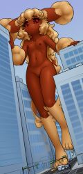 1girl :3 alloyrabbit animal_feet animal_nose barefoot black_sclera blonde_hair body_fur brown_fur bus city cleft_of_venus closed_mouth collarbone colored_sclera completely_nude dutch_angle female_focus flat_chest full_body furry furry_female gen_4_pokemon giant giantess groin hands_up happy highres large_variant_set leg_up legs long_hair looking_at_viewer lopunny motor_vehicle navel nintendo nipples nude outdoors pokemon pokemon_(creature) pussy rabbit_ears rabbit_girl rabbit_tail red_eyes road short_tail sidelocks smile solo standing standing_on_one_leg stomach tail thighs two-tone_fur uncensored v-shaped_eyebrows variant_set wavy_hair yellow_fur