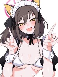 1girl animal_ear_fluff animal_ears bikini blue_archive blush breasts brown_hair collar double_fox_shadow_puppet fang fox_ears fox_girl fox_shadow_puppet frilled_collar frills halo highres izuna_(blue_archive) looking_at_viewer maid maid_bikini maid_headdress medium_breasts medium_hair navel puffy_short_sleeves puffy_sleeves short_sleeves skin_fang solo sweat swimsuit unconventional_maid upper_body uumi_hinata white_bikini white_wrist_cuffs wrist_cuffs yellow_eyes