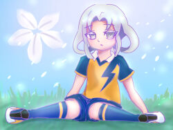 1girl akasode_matsuri_(inazuma_eleven) blue_shirt blue_shorts blue_socks collar flat_chest grey_eyes grey_hair hakkou_soft inazuma_eleven_(series) inazuma_eleven_victory_road large_variant_set medium_hair parted_lips raimon raimon_soccer_uniform shirt short_sleeves shorts sidelocks sitting soccer_uniform socks solo sportswear two-tone_shirt variant_set white_collar yellow_shirt
