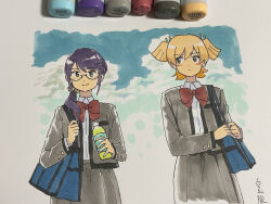 2girls absurdres art_tools_in_frame bag bell blonde_hair blue_bag blue_sky blush bottle bow bowtie closed_mouth cloud collared_shirt commentary_request cropped_legs daiba_nana dot_mouth dot_nose eyebrows_hidden_by_hair glasses green_eyes green_ribbon grey_jacket grey_skirt hair_bell hair_between_eyes hair_ornament hair_over_shoulder hair_ribbon highres holding holding_bottle hoshimi_junna jacket long_hair looking_at_another looking_to_the_side marker marker_(medium) multiple_girls photo_(medium) purple_hair red_bow red_bowtie ribbon seishou_music_academy_uniform shiratama_(hockey) shirt short_hair shoujo_kageki_revue_starlight shoulder_bag sidelocks signature skirt sky smile traditional_media two_side_up white_shirt