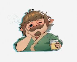 Rule 34 | 1boy, alcohol, blush, commentary, cup, drunk, english commentary, facial hair, goatee, granblue fantasy, green shirt, highres, holding, holding cup, kio kiorst, looking at viewer, male focus, mustache, one eye closed, pointy ears, shirt, squeans, upper body, white background, yodarha (granblue fantasy)