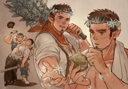 Rule 34 | . ., 2boys, bara, blush, brown hair, dancing, facial hair, feet out of frame, fezzz, goatee, highres, large pectorals, male focus, medium sideburns, microphone, multicolored hair, multiple boys, multiple views, muscular, muscular male, outstretched hand, pectoral cleavage, pectorals, pointy ears, protagonist 3 (housamo), reaching, reaching towards viewer, short hair, sideburns stubble, smile, snowflakes, sparkling eyes, standing, stubble, sweat, thick eyebrows, tokyo houkago summoners, tomte (housamo), two-tone beard, two-tone hair, white hair, yaoi