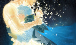 Rule 34 | 2boys, antenna hair, armlet, armor, black gloves, black shirt, blue cape, cape, clawed gauntlets, closed eyes, coat, dissolving, fingerless gloves, gloves, hashtag-only commentary, highres, honkai: star rail, honkai (series), hug, jewelry, lytris, male focus, multiple boys, mydei (honkai: star rail), pauldrons, phainon (honkai: star rail), shirt, short hair, shoulder armor, single pauldron, smile, spirit, white coat, white hair, yaoi