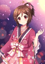 1girl absurdres arm_at_side birthday blush bow brown_hair cherry_blossoms closed_mouth commentary_request cowboy_shot domyoji_karin dot_nose falling_petals fingernails floral_print floral_print_kimono flower frilled_kimono frills hair_flower hair_ornament hair_stick hand_up highres idol idol_clothes idolmaster idolmaster_cinderella_girls idolmaster_cinderella_girls_starlight_stage japanese_clothes kanzashi kimono lens_flare long_sleeves mula0114 official_alternate_costume official_alternate_hairstyle petals pink_bow pink_flower pink_kimono pink_nails pink_petals ponytail print_kimono red_eyes smile solo split_mouth standing tsumami_kanzashi