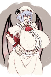 Rule 34 | 1girl, alternate breast size, ascot, back bow, bat wings, blue hair, bow, breasts, brooch, center frills, covered erect nipples, cropped legs, dated, dress, elun (meido), fang, frilled shirt collar, frilled sleeves, frills, gigantic breasts, hair between eyes, hands on own hips, hat, hat ribbon, highres, huge breasts, jewelry, mob cap, motion lines, open mouth, pointy ears, puffy short sleeves, puffy sleeves, red ascot, red eyes, remilia scarlet, ribbon, short hair, short sleeves, simple background, sleeve bow, solo, touhou, wings