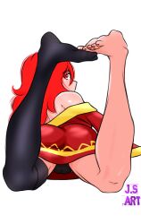 Rule 34 | ass, barefoot, black thighhighs, cosplay, feet, foot focus, foreshortening, jsart12, kono subarashii sekai ni shukufuku wo!, looking at viewer, lying, megumin, megumin (cosplay), nail polish, non-web source, on stomach, original, red eyes, red hair, red nails, self-upload, single thighhigh, the pose, thighhighs, toenail polish, toenails, toes