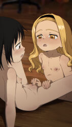 2girls aged_down blonde_hair blush breasts brown_eyes brown_hair censored child cleft_of_venus female_focus female_masturbation fingering g_reaper kirarazaka_marina kodomo_doushi kuze_shizuka loli long_hair looking_at_pussy masturbation multiple_girls nipples nose nude on_table open_mouth pussy pussy_juice shadow short_hair sitting small_breasts spread_legs steam table takopii_no_genzai yellow_eyes yuri