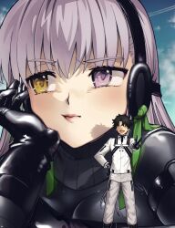 1boy 1girl black_bodysuit black_gloves black_hair blush bodysuit breasts fate/grand_order fate_(series) fujimaru_ritsuka_(male) fujimaru_ritsuka_(male)_(decisive_battle_chaldea_uniform) giant giantess gimp_suit gloves green_ribbon hair_ribbon hairband heterochromia highres jacket kingprotea_(fate) latex latex_bodysuit long_hair looking_to_the_side medium_breasts mitsurugi_sugar purple_eyes purple_hair ribbon short_hair white_jacket xochitonal_(fate) yellow_eyes