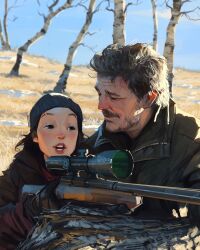 1boy 1girl beanie beard birch_tree black_eyes black_gloves black_hair blush character_request coat facial_hair gloves grey_hair gun hat highres holding holding_gun holding_weapon hunting kneeling looking_at_another messy_hair outdoors rifle sam_yang sniper_rifle the_last_of_us the_last_of_us_(series) tree weapon winter_clothes winter_coat wrinkled_skin