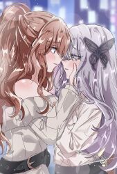 2girls bang_dream! blush brown_eyes brown_hair butterfly_hair_ornament commentary grey_hair hair_ornament hand_on_another&#039;s_cheek hand_on_another&#039;s_face highres imai_lisa long_hair minato_yukina multiple_girls off_shoulder parted_lips shirt sidelocks sweater white_shirt white_sweater yoruneko_(liampadolina) yuri