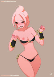 1girl belly blush bra breasts brown_eyes colored_skin dragon_ball dragon_ball_xenoverse eyebrows female_focus female_majin highres lamp_(epe-tohri) majin_(race) nipples open_mouth panties pink_skin simple_background sinner!_(sillygirl) solo stomach teeth tongue underwear