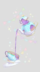 @_@ closed_mouth cup evolutionary_line eyelashes full_body gen_8_pokemon grey_background highres nintendo no_humans plate pokemon pokemon_(creature) poket_mkrn polteageist simple_background sinistea smile string_of_flags teacup teapot