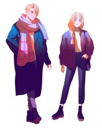 Rule 34 | 1boy, 1girl, alternate costume, bag, belt, black belt, black footwear, black jacket, black pants, blue coat, blue eyes, braid, chuwenjie, closed mouth, coat, commentary, dimitri alexandre blaiddyd, english commentary, fashion, fire emblem, fire emblem: three houses, full body, grey pants, hair over shoulder, hand in pocket, highres, ingrid brandl galatea, jacket, looking ahead, looking at another, nintendo, pants, patterned clothing, scarf, shirt, shirt tucked in, simple background, single braid, smile, white background, white shirt