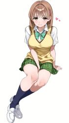 Rule 34 | 1girl, absurdres, arai sayaka, arm support, between legs, black socks, bow, bowtie, breasts, brown eyes, brown hair, closed mouth, collared shirt, commentary request, commission, full body, green bow, green bowtie, green skirt, hair ornament, hairclip, hand between legs, heart, highres, kasumi 6, large breasts, loafers, pixiv commission, pleated skirt, school uniform, shirt, shoes, short hair, sitting, skirt, smile, socks, solo, sweater vest, to love-ru, white shirt, white shoes, yellow sweater vest